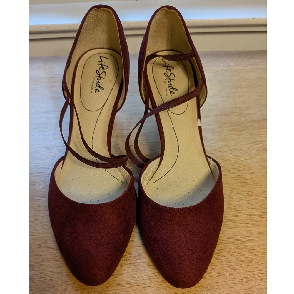 LifeStride Grace Pnoir Burgundy Faux Suede Pointed Toe Strappy Pumps Heels 10W